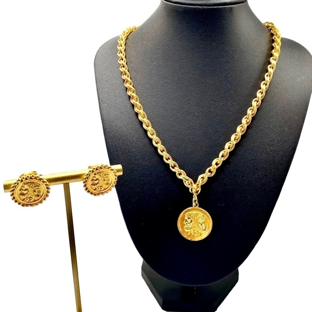 VINTAGE FENDI RUNWAY STATEMENT LOGO SIGNED NECKLACE AND POST EARRINGS RARE SET